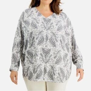 Alfani Long Sleeve Tunic Top Womens 2X Gray White Feather Print